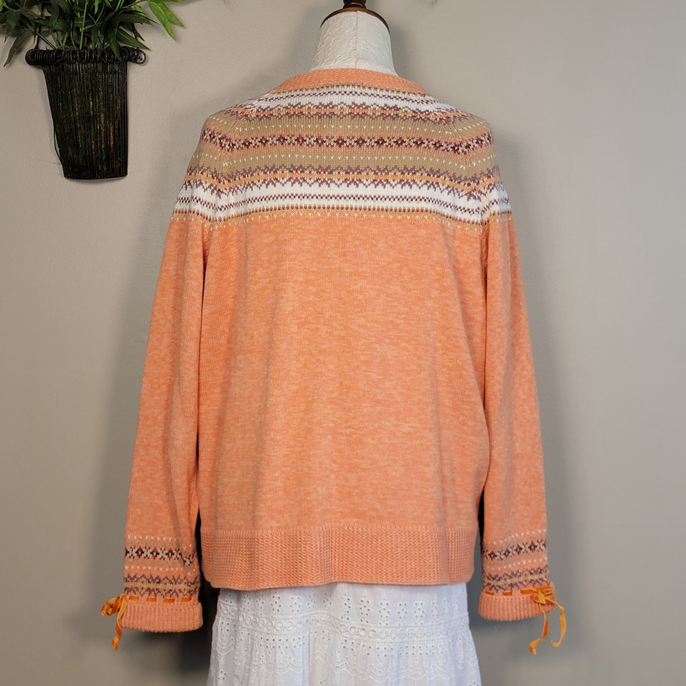 Vintage Tiara Fair Isle Knit Sweater Button Up Cardigan Orange Velvet Ribbon 3X - Picture 10 of 11